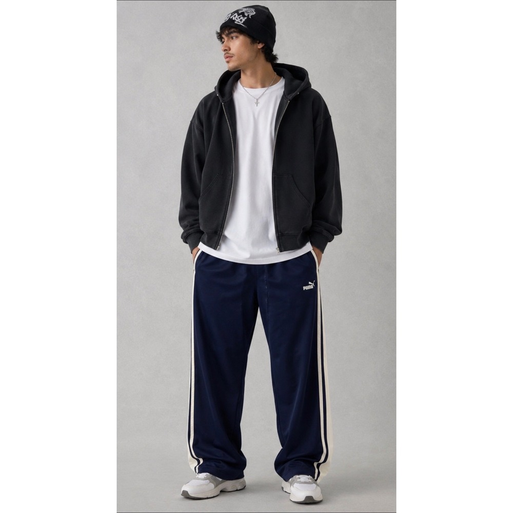 Puma Mens XL Navy Blue White Striped Sport Lifestyle Track Pants Wide Leg Y2K